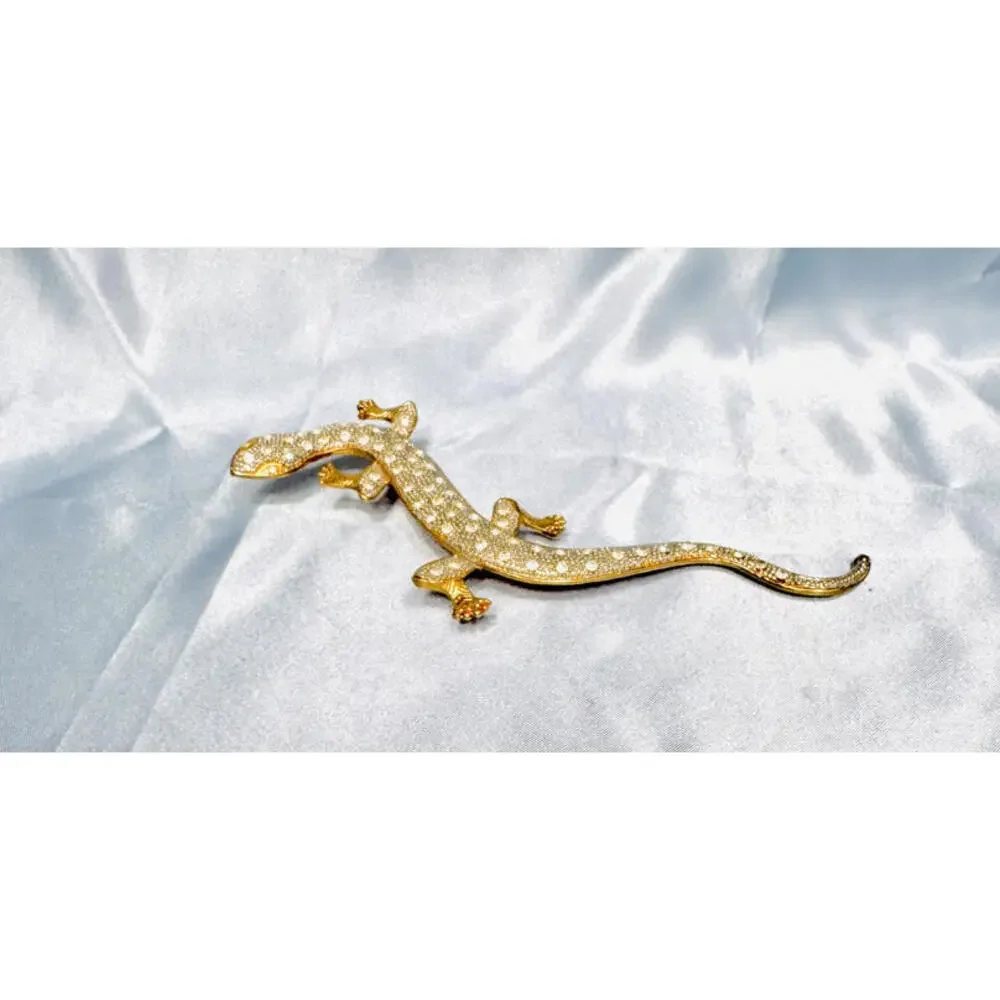 Gold Tone Crystal Salamander Brooch